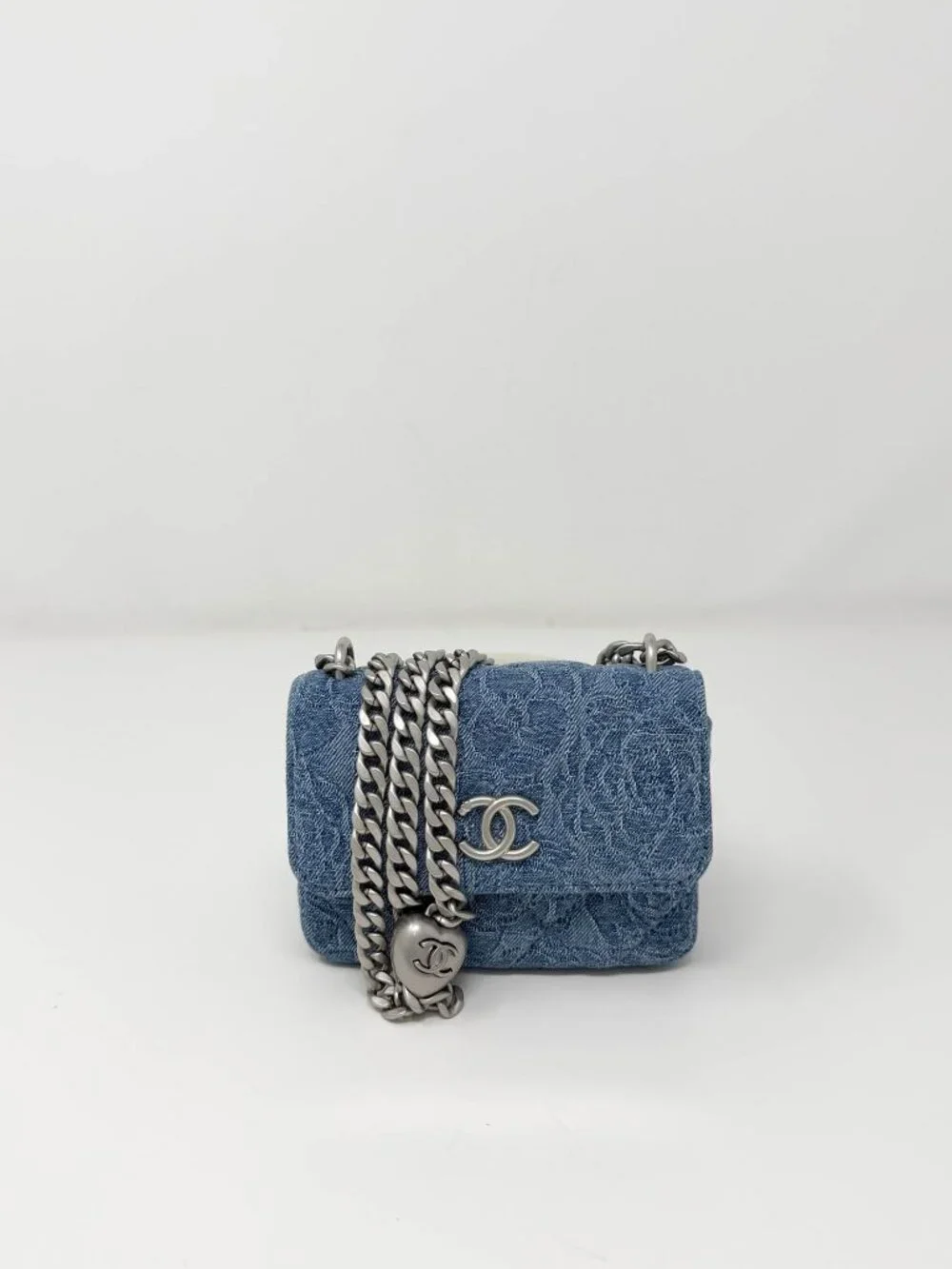 Chanel Denim Quilted Camellia SweetHeart Clutch with Chain